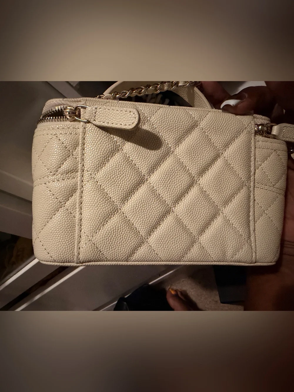 CC PREMIUM QUALITY Cream Quilted Vanity Bag with Gold Chain